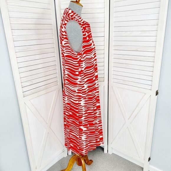 Cabi Brushstroke Drop Waist Pleated Sleeveless Shift Dress Red White Medium - Picture 3 of 13
